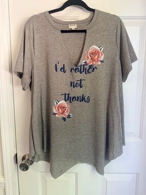 h.i.p. Gray V-Notch Tee with Navy Script and Pink Rose Prints